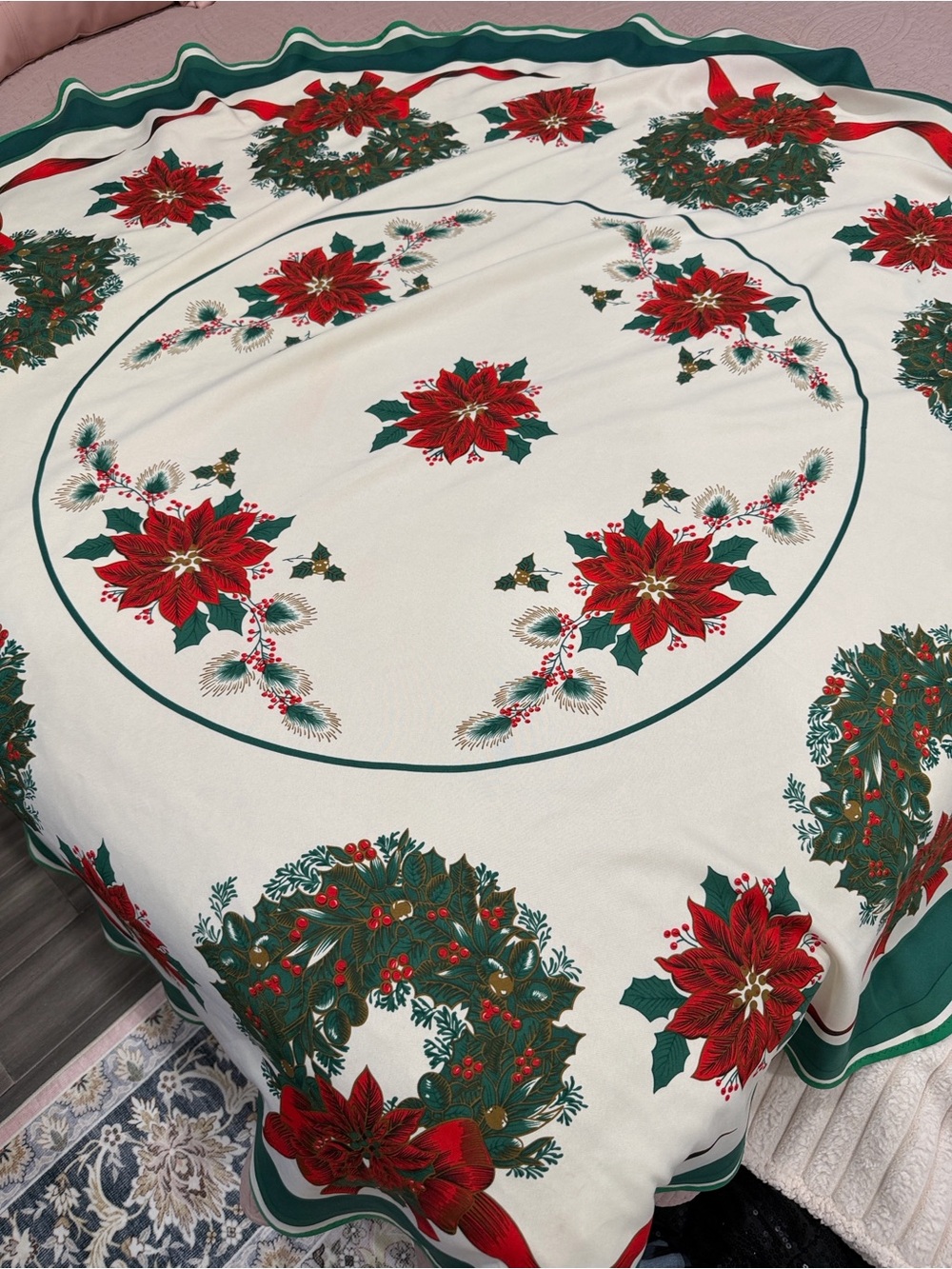 Classic Poinsettia Holiday Tablecloth - Ivory and Red